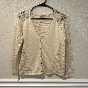 Lucky Brand Cream Crochet Knit Linen blend V neck Cardigan size large